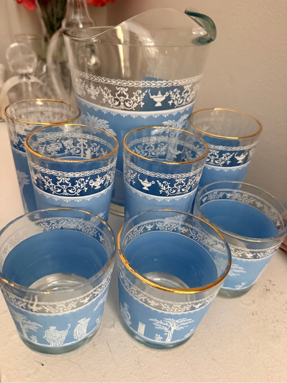 Vintage Jeannette Hellenic Blue Glass Pitcher & 7 Tumblers 8 Pc Set